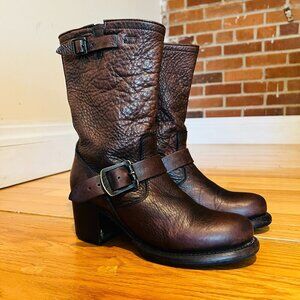 Frye Vera Short Engineer Motorcycle Belted Brown Leather Boots - Size 5.5